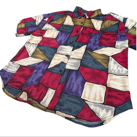 Kathie Lee vintage size 36/16M bright short sleeve button down collar curved hem - Picture 2 of 11